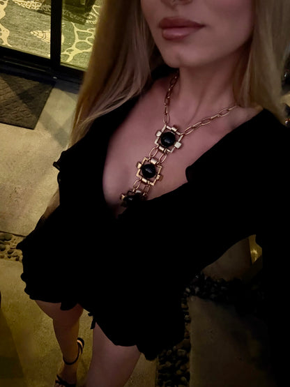 Heritage Cabachon Triple Drop Necklace in Gold & Black