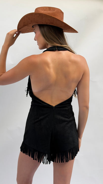 Stockyards Suede Fringe Romper in Black