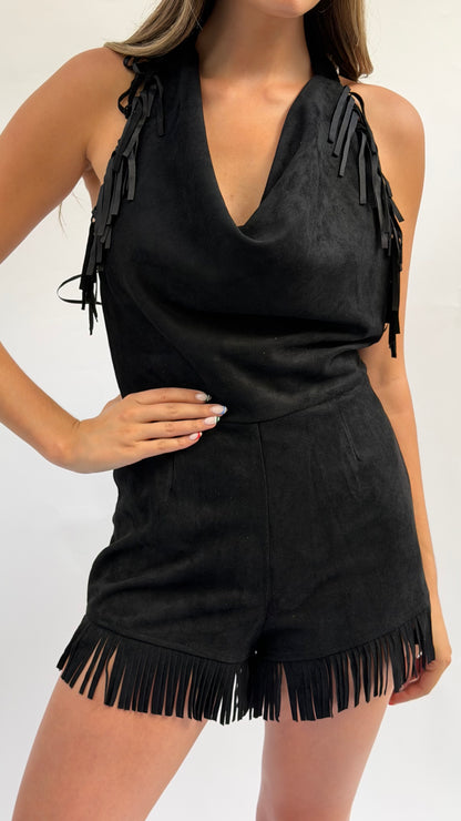 Stockyards Suede Fringe Romper in Black