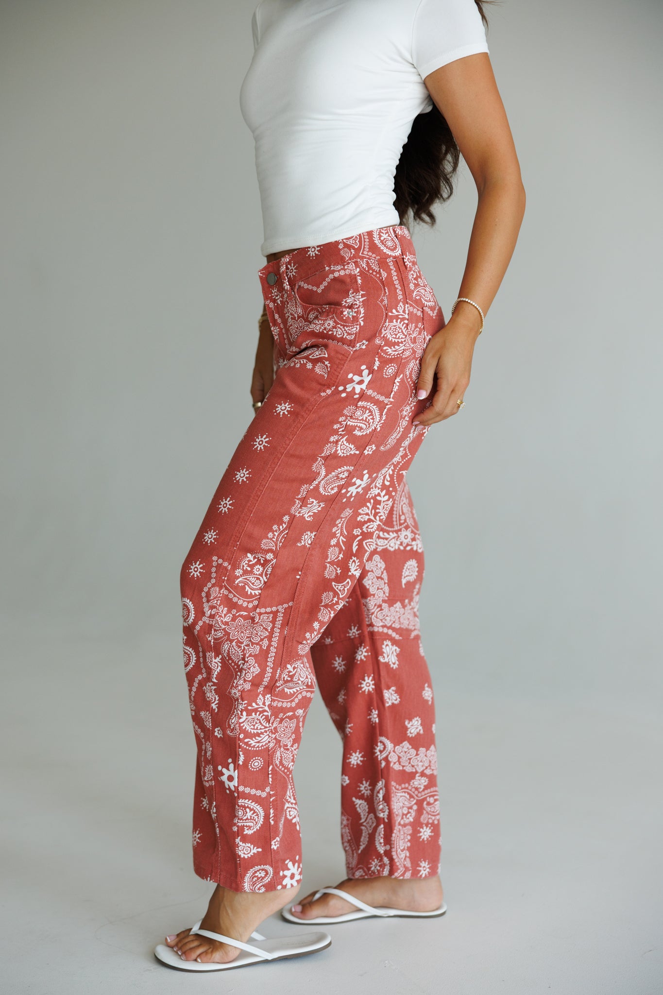 Bandana Print Barrel Leg Pants in Red
