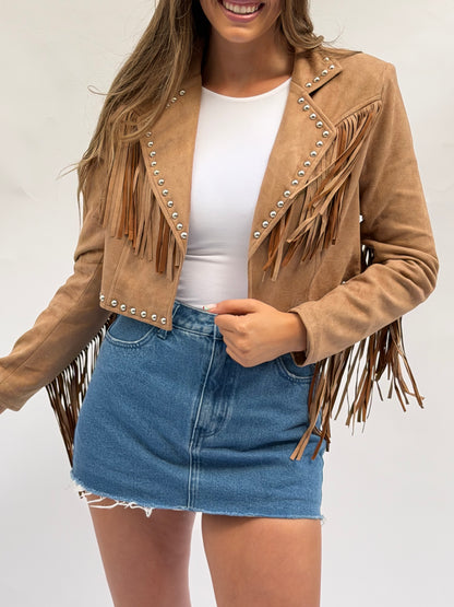 The Maverick Cropped Stud Jacket in Tan