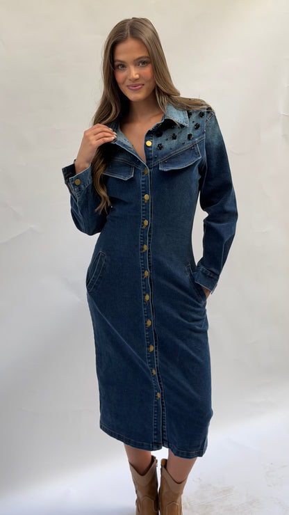 Dark Denim Dress w/ Shoulder Embellishment