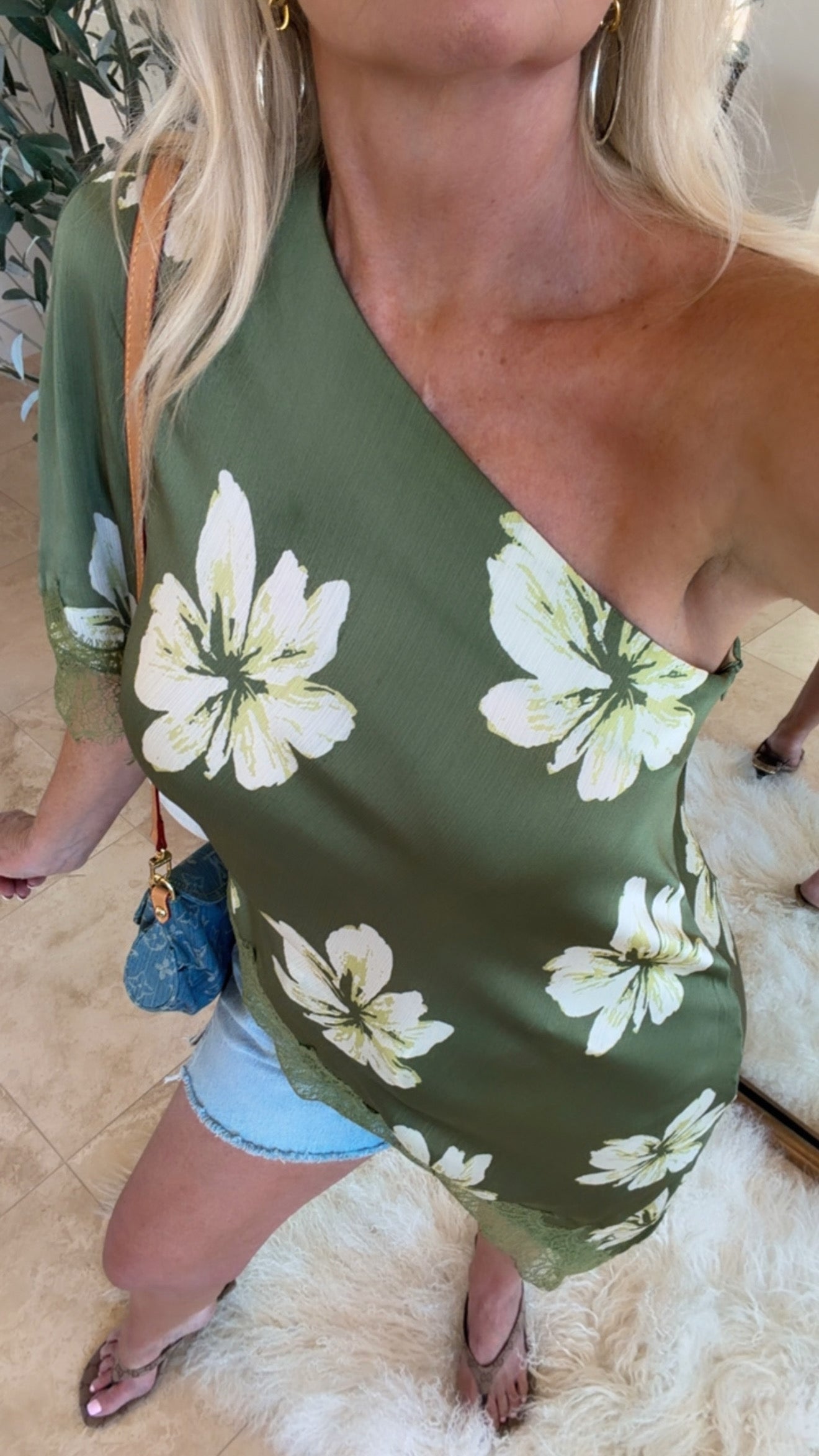 Asymmetric Lace Top in Green Floral