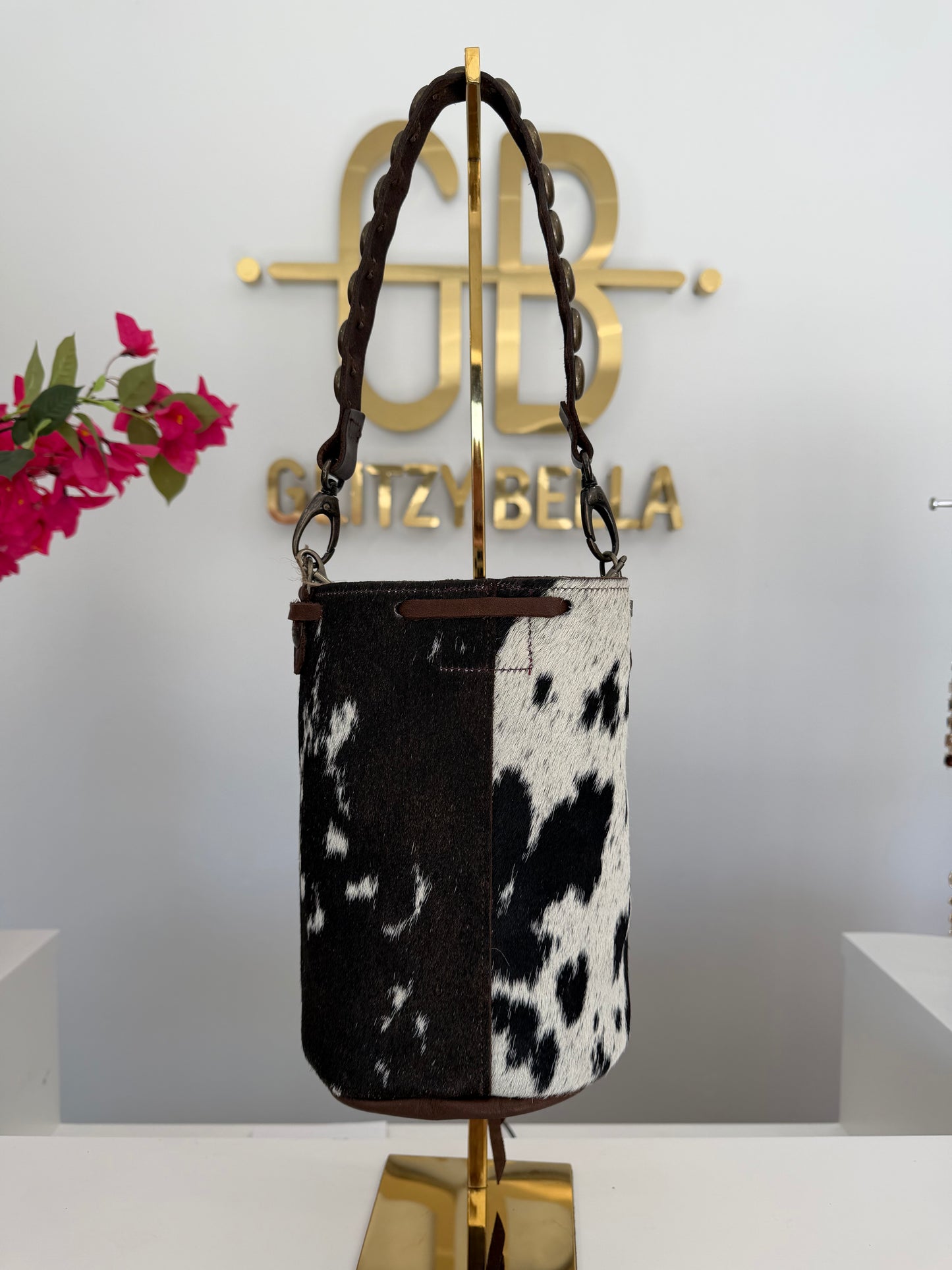Brown and White Cowhide Bucket Bag Medium Drawstring w/ Studded Strap