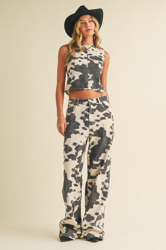 NEW!! Denim Cow Print Two Piece Set