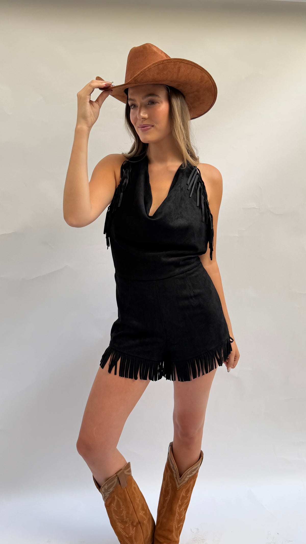 Stockyards Suede Fringe Romper in Black