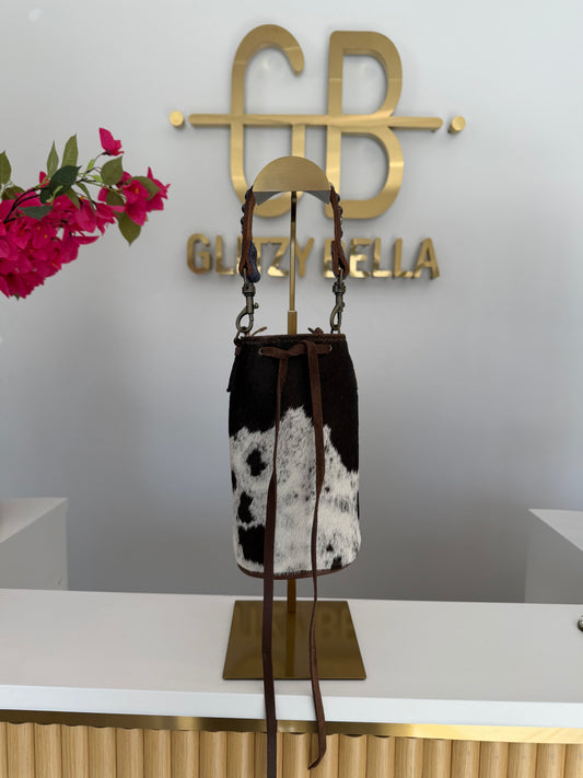 Brown and White Cowhide Bucket Bag Small Drawstring w/ Purple Strap