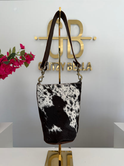 Brown and White Cowhide Small Bucket Bag w/ Cowhide Strap
