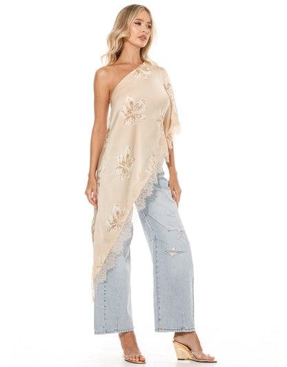 Asymmetric Lace Top in Nude Floral