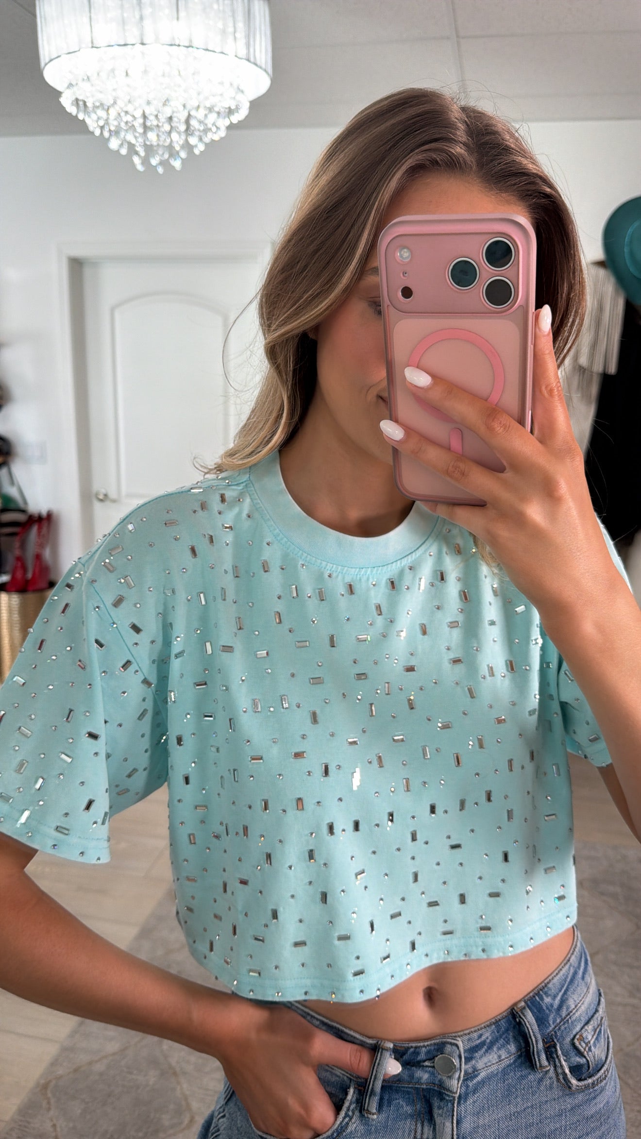 The “Houston" Cropped Rhinestone Tee in Teal
