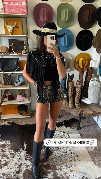 NEW!! The "Wrangler" Studded Fringe Suede Shawl in Black