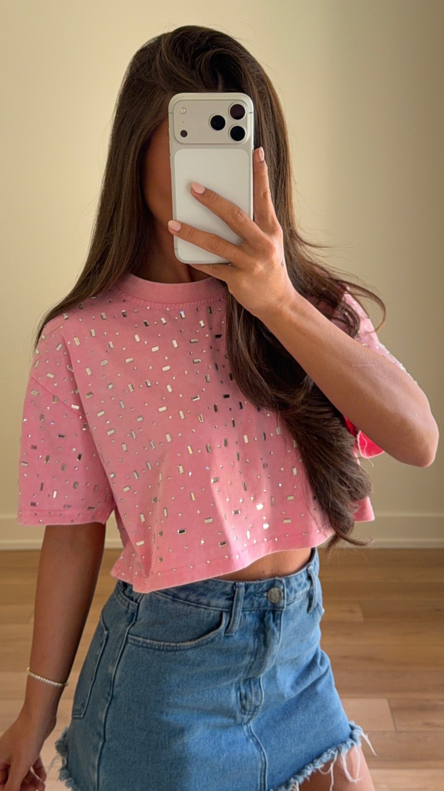 The “Houston" Cropped Rhinestone Tee in Pink