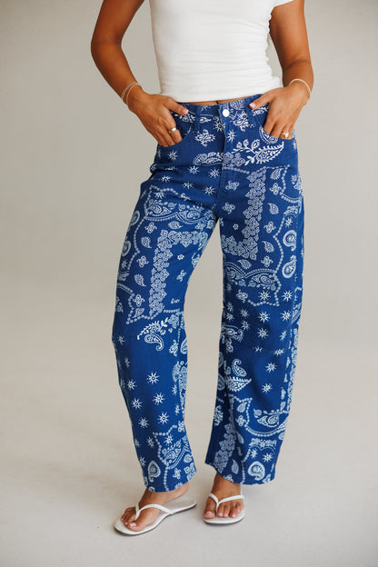 Bandana Print Barrel Leg Pants in Navy