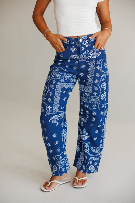 Bandana Print Barrel Leg Pants in Navy