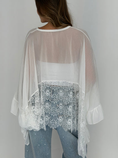 FINAL SALE!! Sheer Lace Trim Top in White