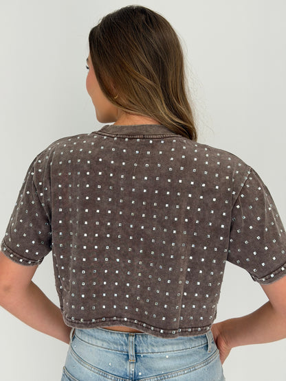 FINAL SALE!! The “Dallas" Cropped Rhinestone Tee in Brown