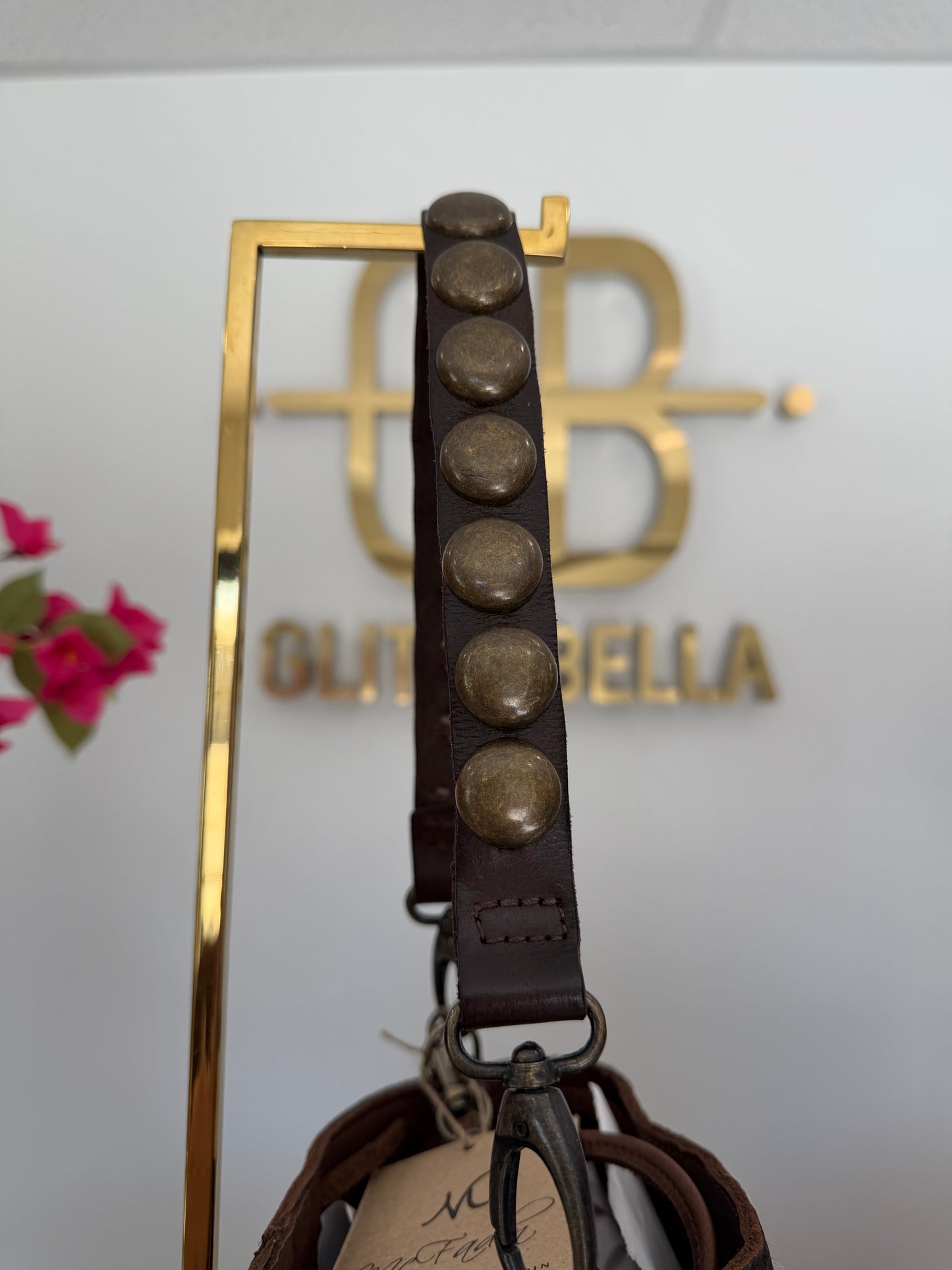 Brown and White Cowhide Bucket Bag Medium Drawstring w/ Studded Strap