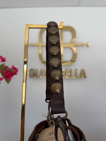 Brown and White Cowhide Bucket Bag Medium Drawstring w/ Studded Strap