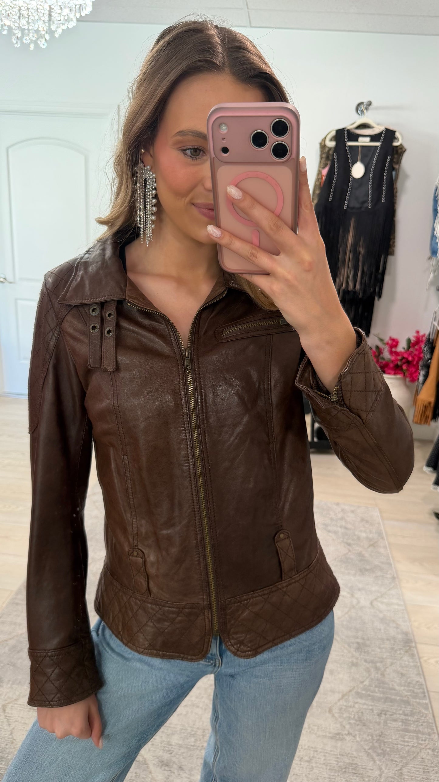 Vintage Brown Leather Quilted Jacket Size XS
