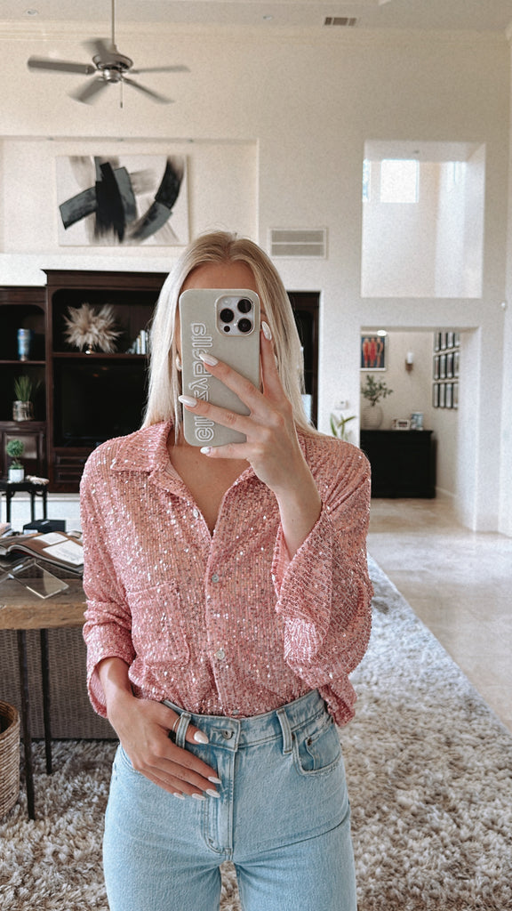 NEW!! Spotlight Sequin Button Down Top in Pink