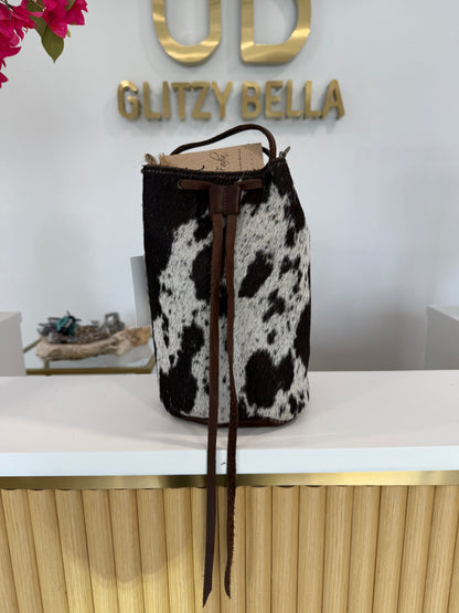 Brown and White Cowhide Bucket Bag Medium Drawstring w/ Studded Strap