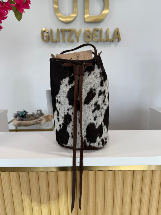 Brown and White Cowhide Bucket Bag Medium Drawstring w/ Studded Strap