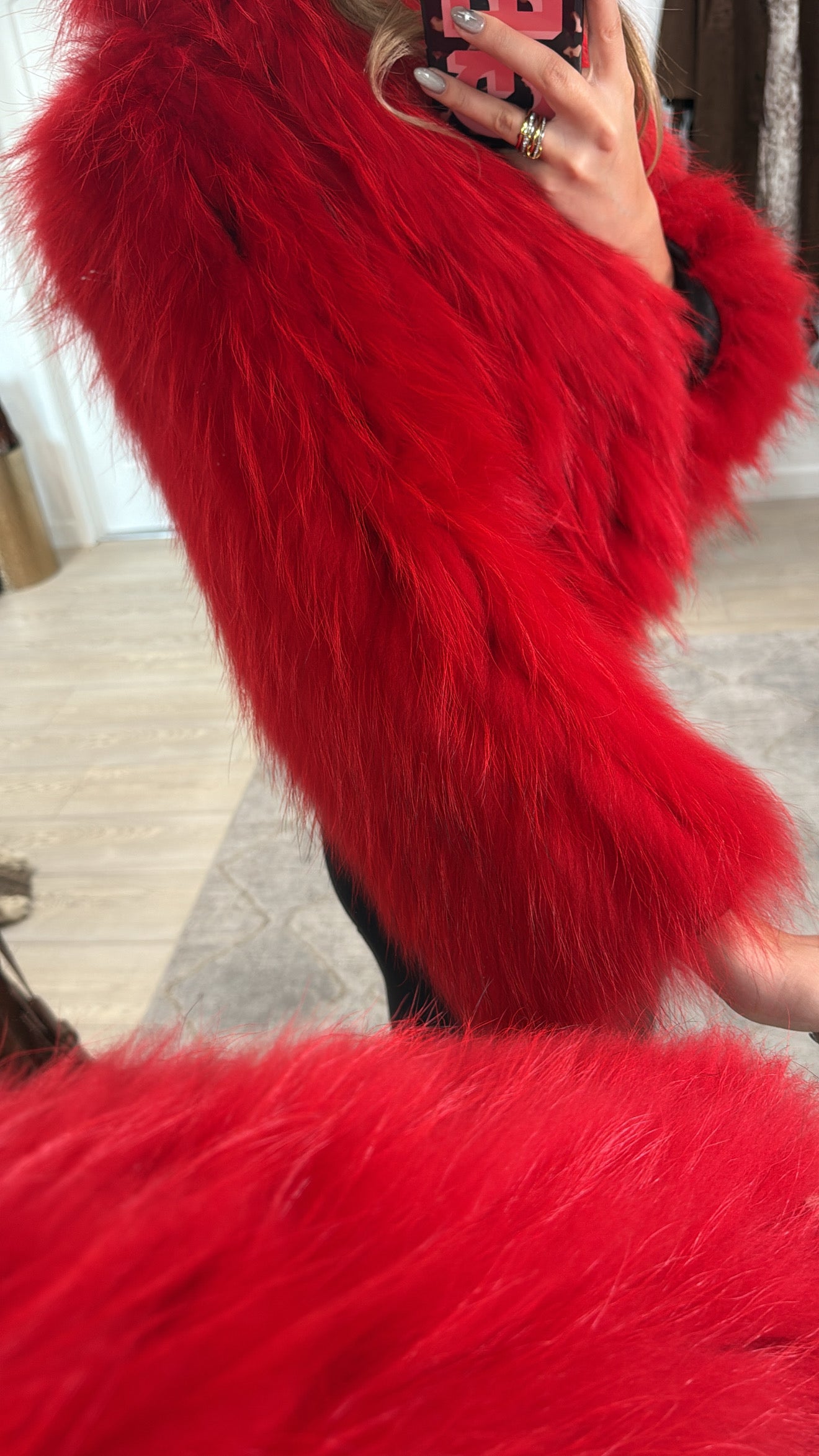 #43 Vintage Dyed Red Cropped Racoon Fur Jacket