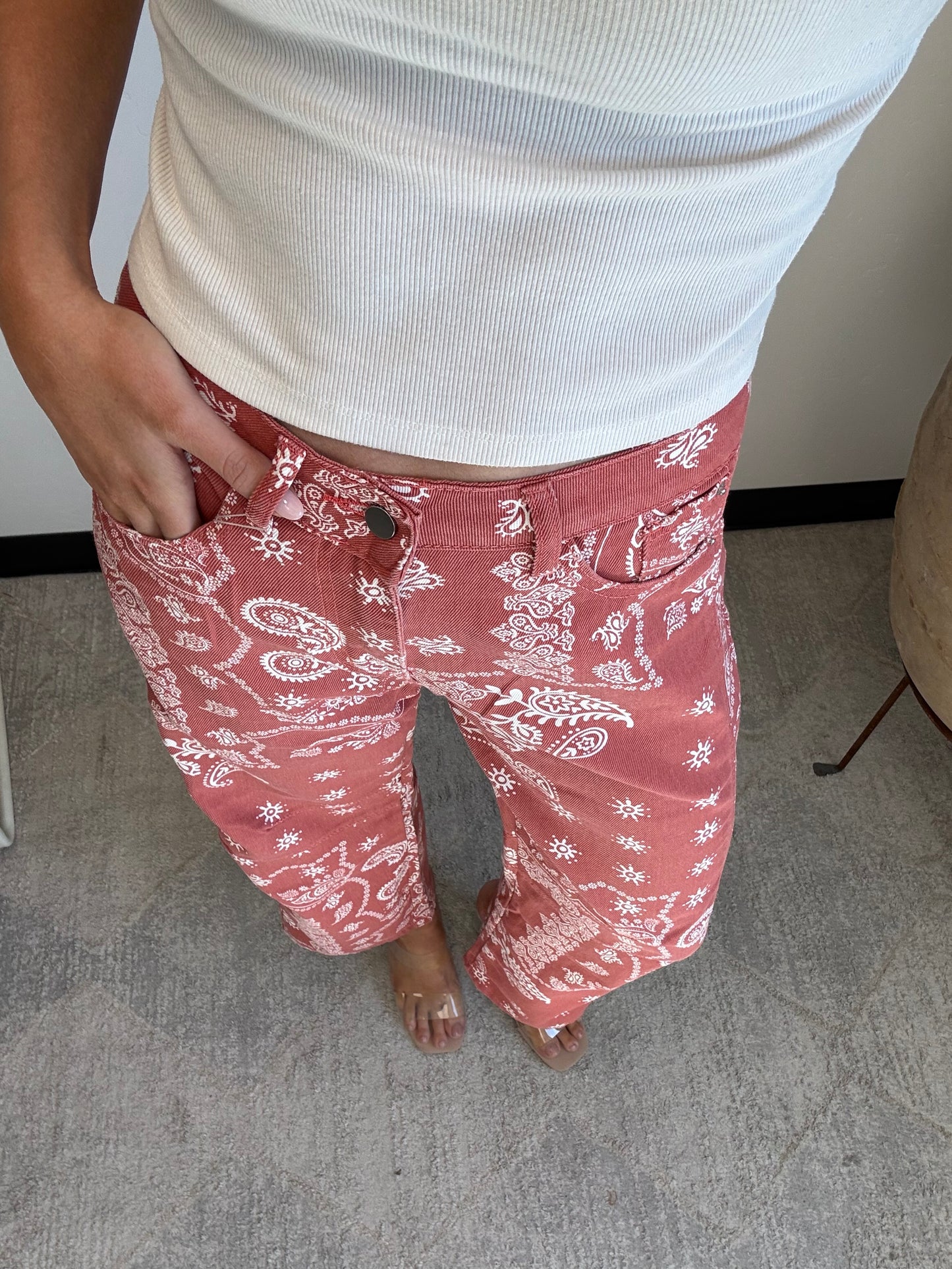 Paisley Barrel Leg Pants in Red