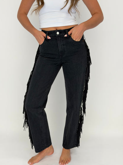 Pony Up Fringe Jeans in Black