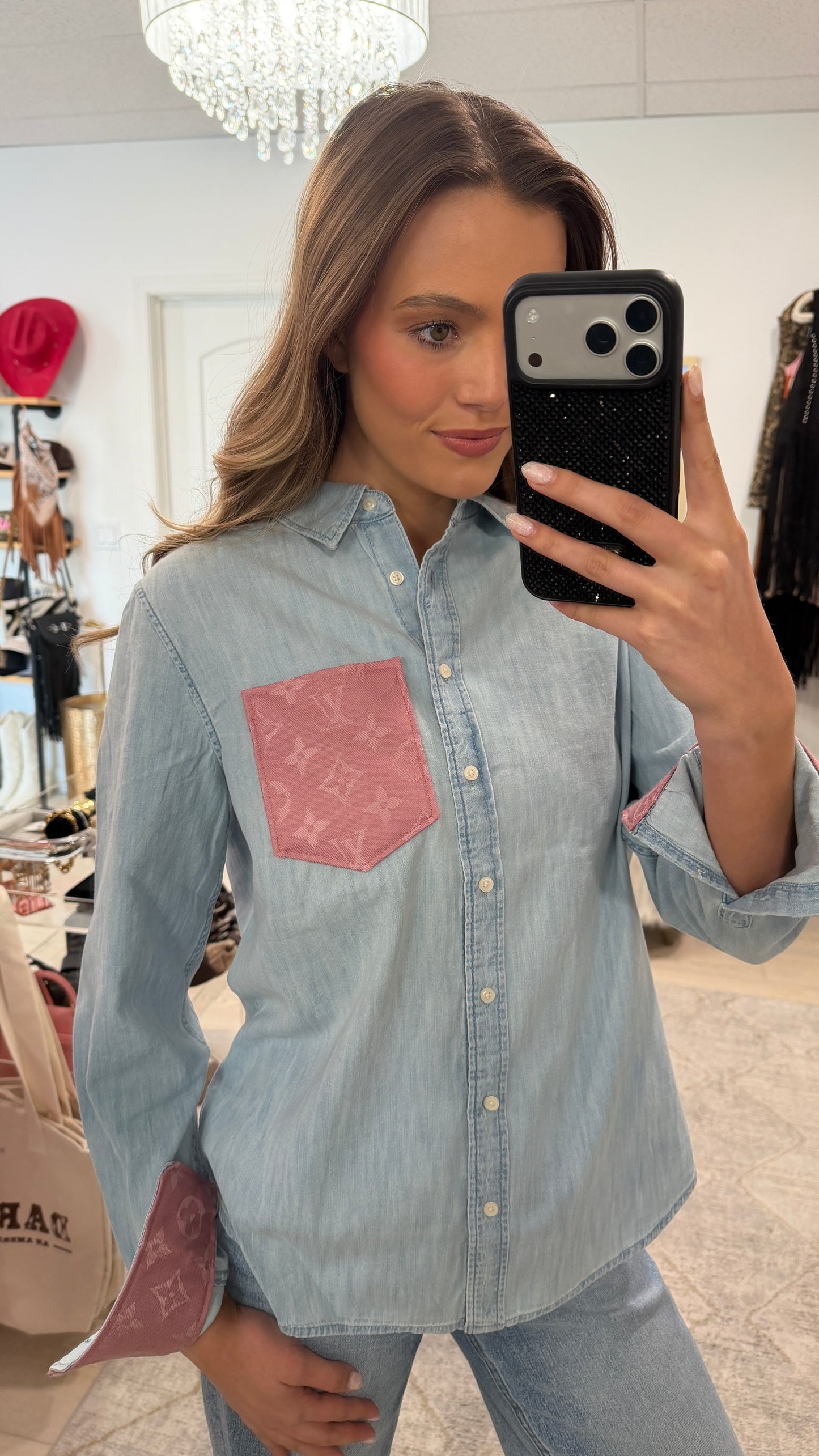 Designer Repurposed Denim Shirt w/ Designer Pink Scarf