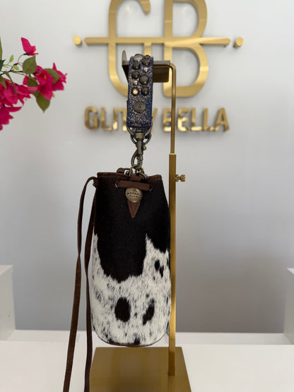 Brown and White Cowhide Bucket Bag Small Drawstring w/ Purple Strap