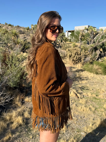 Vintage Dark Camel Suede Fringe Jacket Size Xlarge (16)