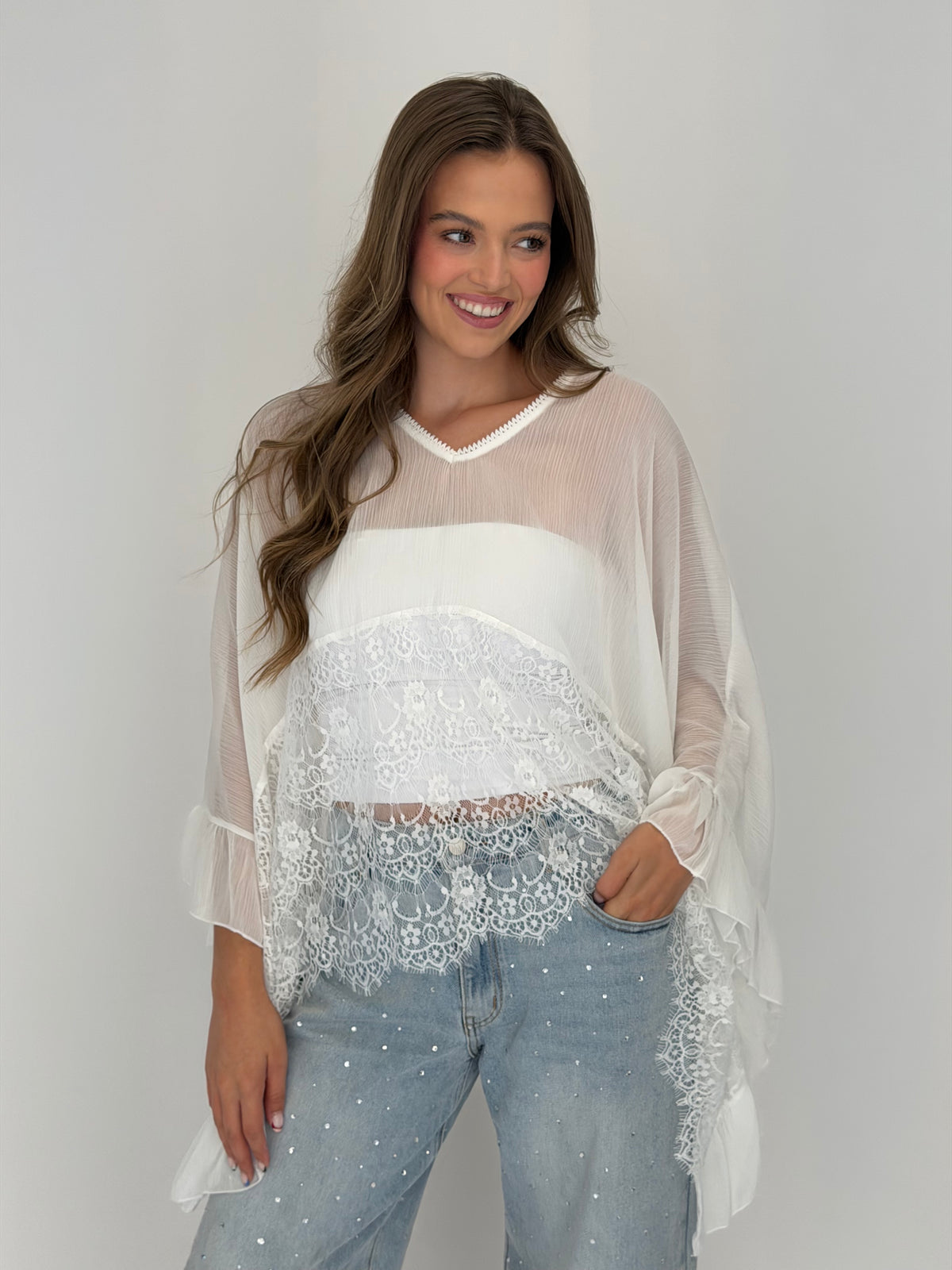 FINAL SALE!! Sheer Lace Trim Top in White