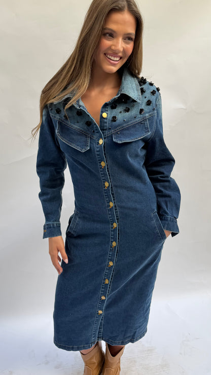 Dark Denim Dress w/ Shoulder Embellishment