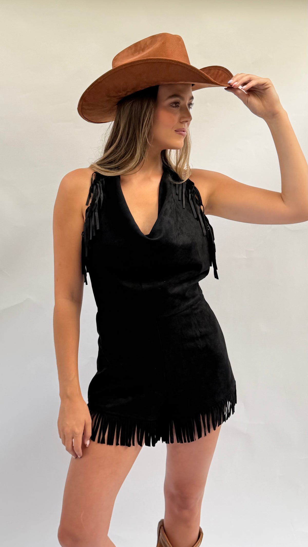 Stockyards Suede Fringe Romper in Black