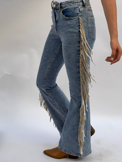 High Rise Fringe Jeans in Light Wash