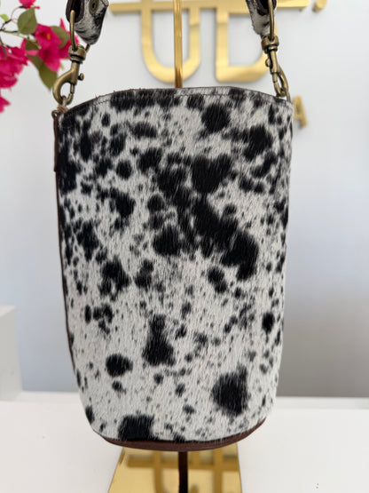 Black and White Cowhide Large Bucket Bag w/ Cowhide Strap