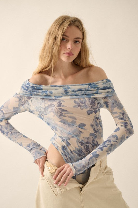 NEW!! Blue Rose Mesh Off the Shoulder Bodysuit