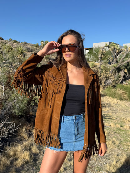 Vintage Dark Camel Suede Fringe Jacket Size Xlarge (16)