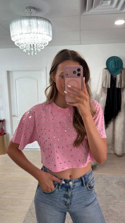 The “Houston" Cropped Rhinestone Tee in Pink