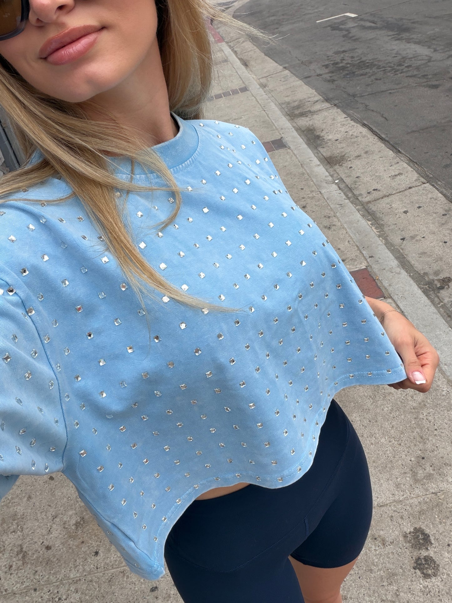 The “Dallas" Cropped Rhinestone Tee in Blue