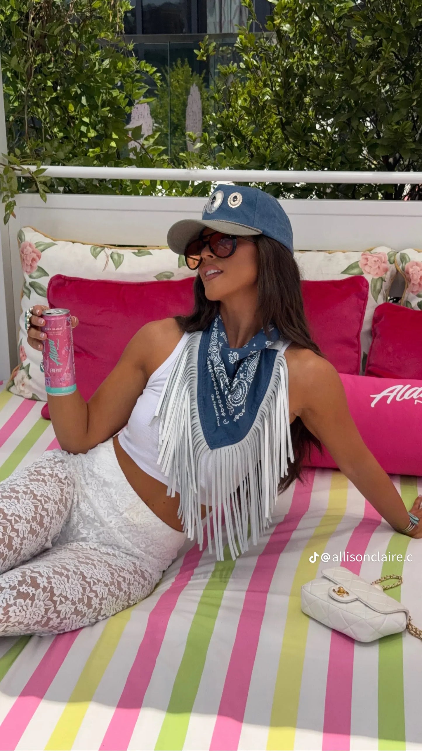 Leather Fringe Bandana in Navy/White