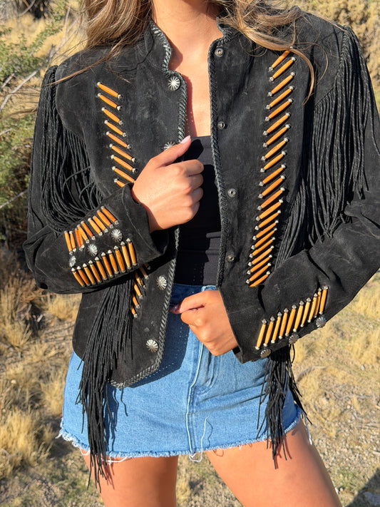 Vintage Black Suede Fringe Jacket Size Large