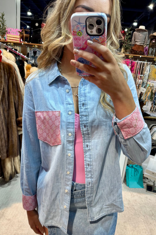 LIMITED EDITION!!  Designer Repurposed Denim Shirt w/ Designer Pink Scarf
