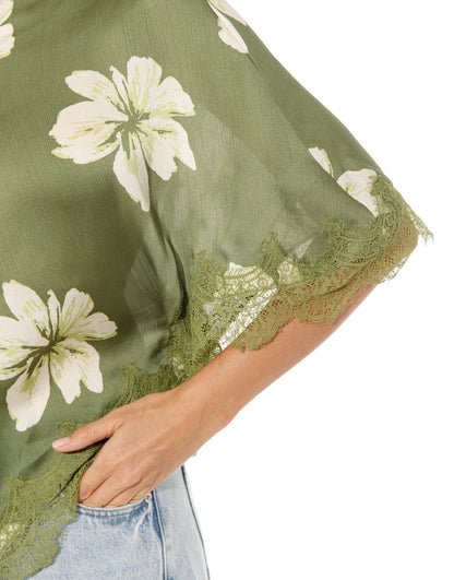 Asymmetric Lace Top in Green Floral