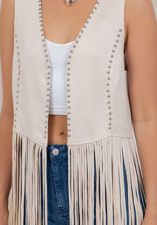 "Shania" Studded Suede Fringe Vest Shawl in Cream