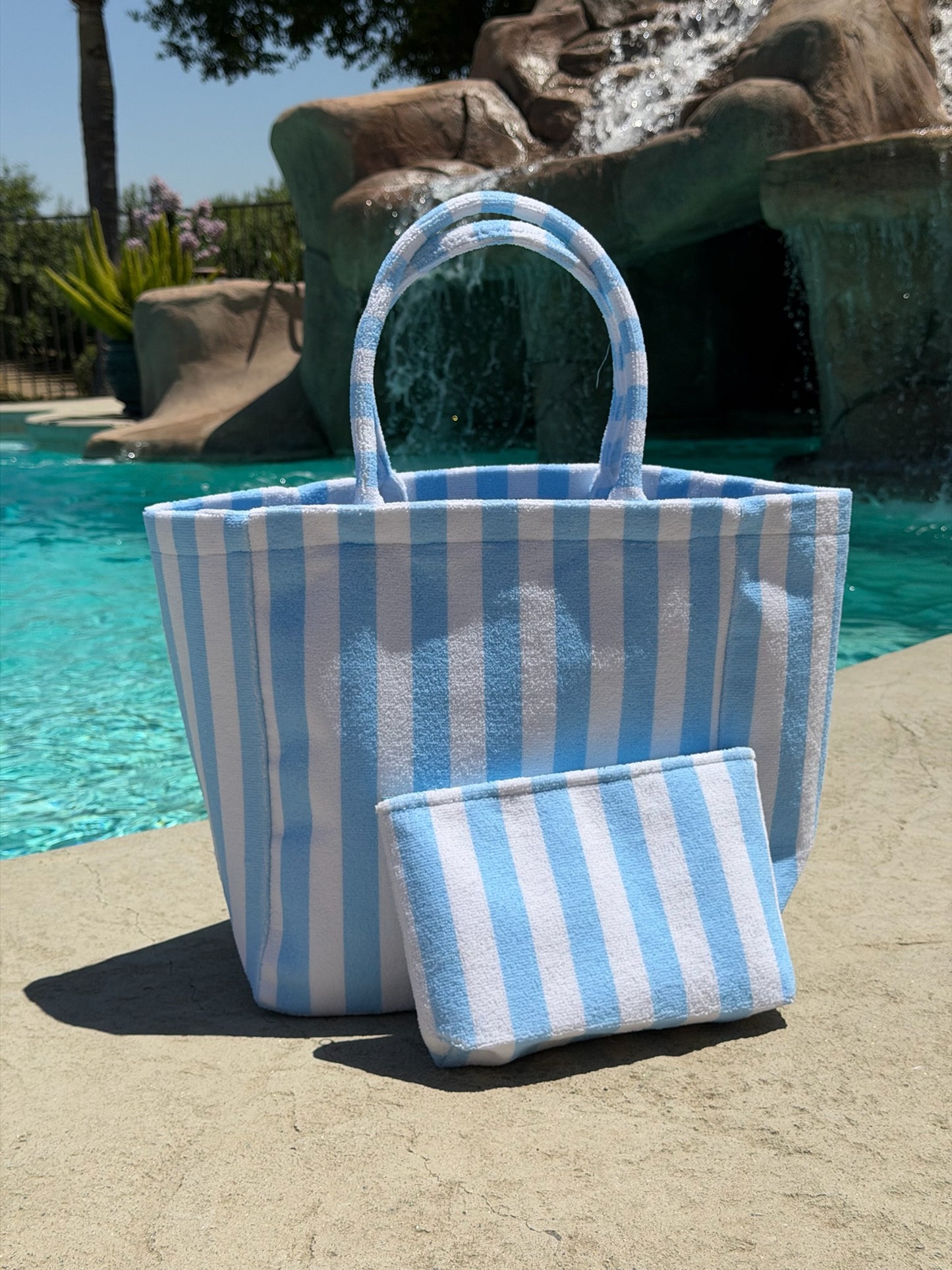 "Cabana Club" Striped Terry Tote Bag in Blue