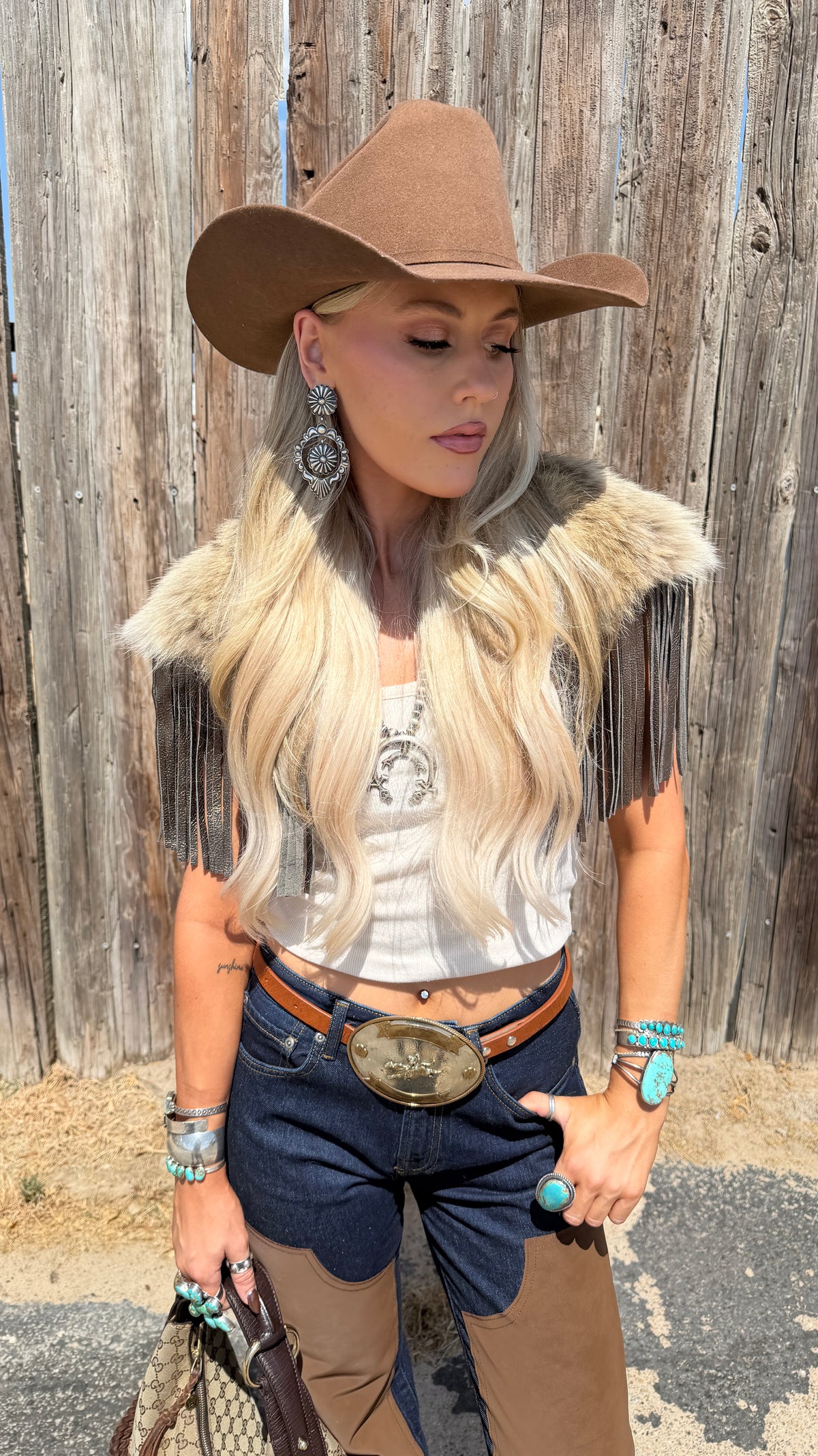 Vintage Coyote Fur & Leather Fringe Collar - Small Size
