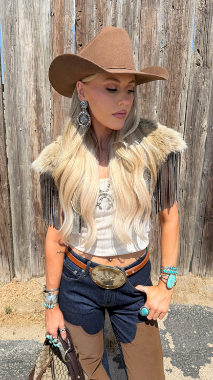 Vintage Coyote Fur & Leather Fringe Collar - Small Size