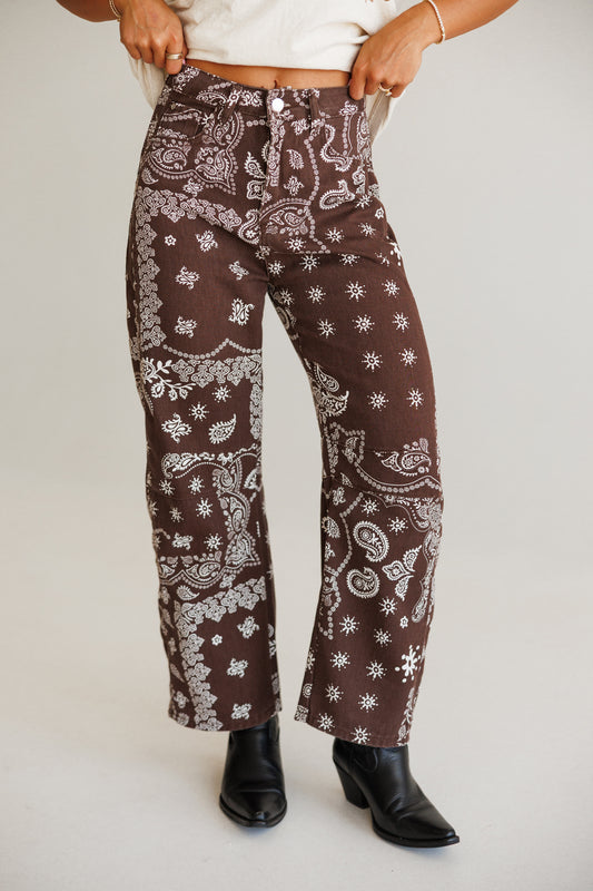 Bandana Print Barrel Leg Pants in Chocolate